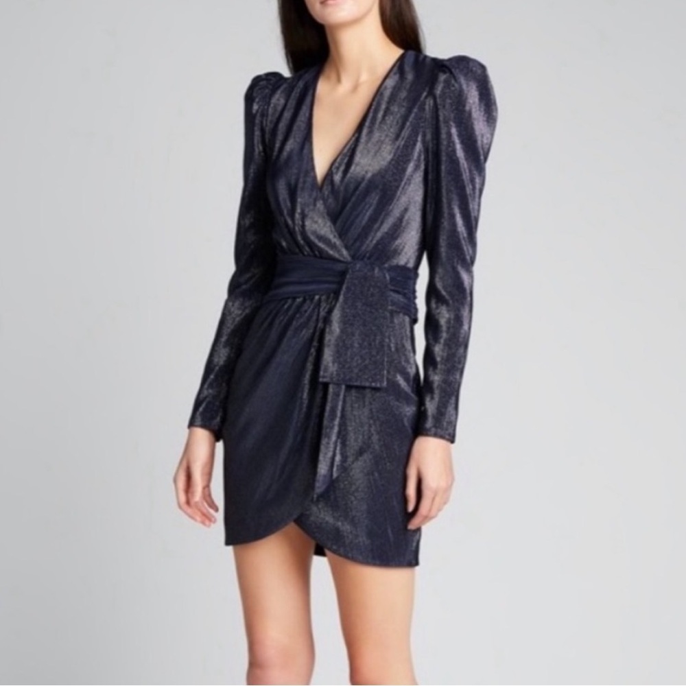 Nwt Jonathan Simkhai Blue Navy Metallic Puff-Sleeve Wrap Dress